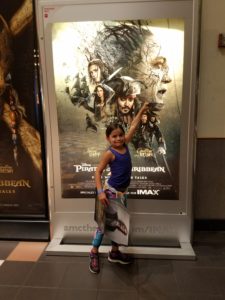 My daughter pointing at creepy Captain Salazar at the Houston Screening of the new Disney Pirates of the Caribbean Dead Men Tell No Tales movie!