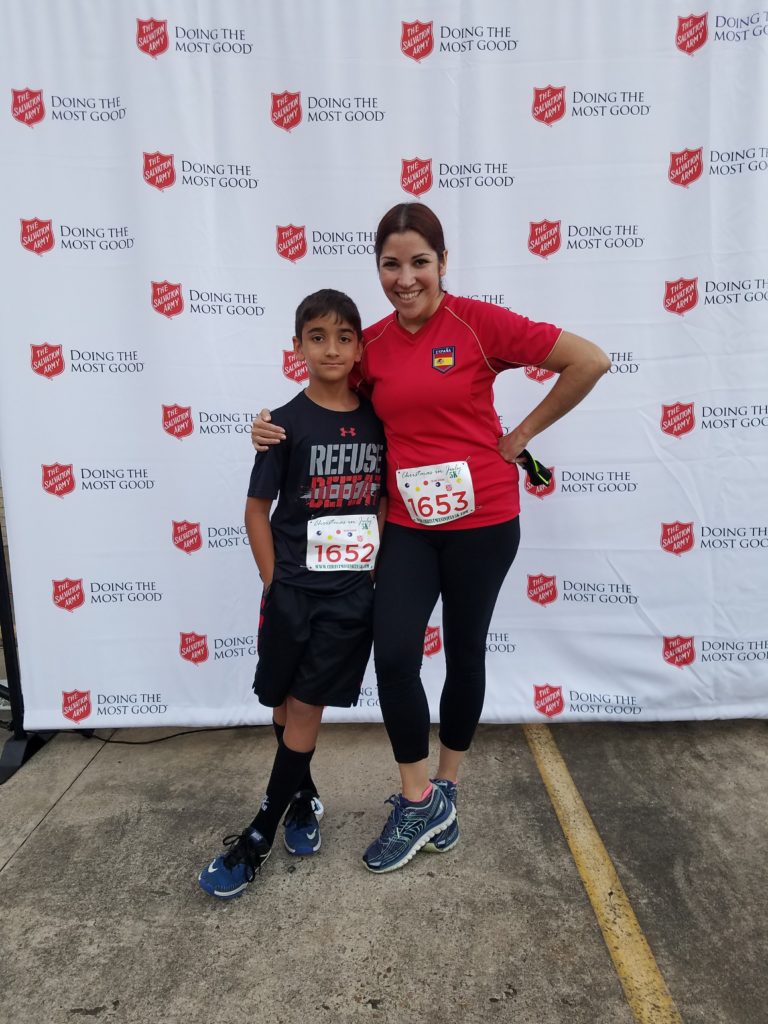 Coppelia and her son at the Salvation Army Christmas in July 5k!