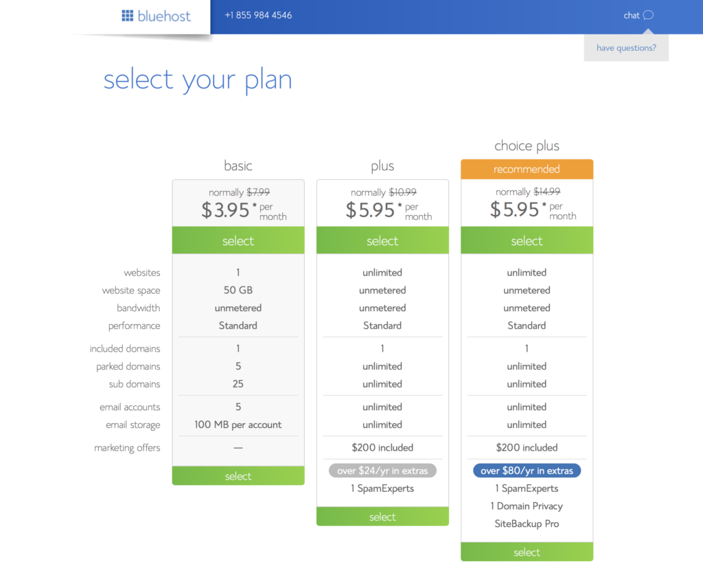 Bluehost start a blog step 2 select plan $3.95