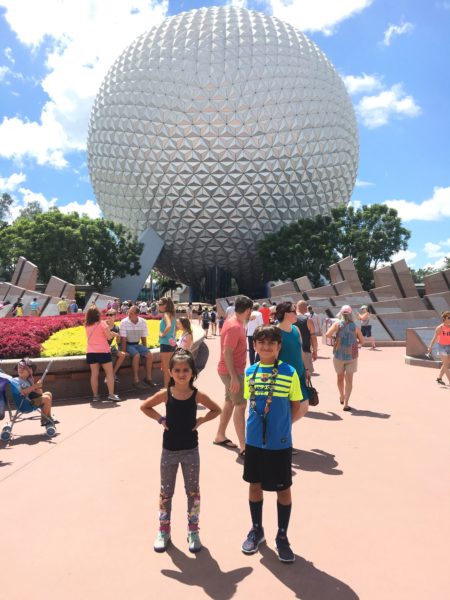 Kids in front of Spaceship Earth at EPCOT