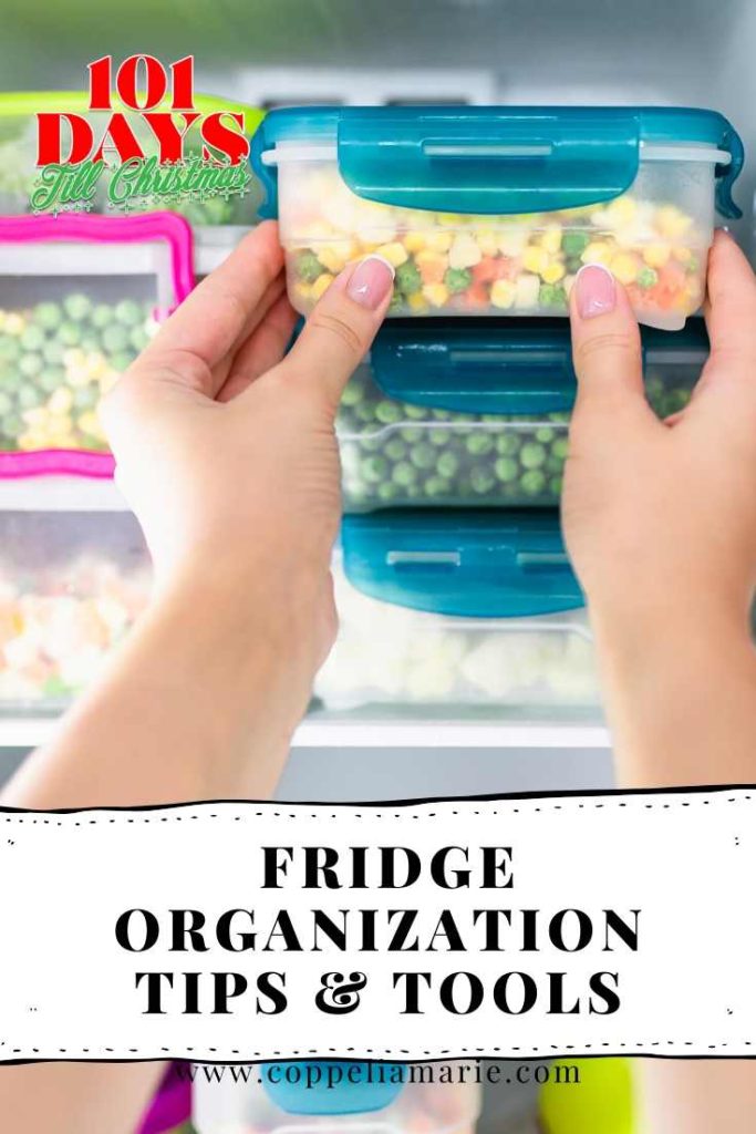 Colorful food storage bins inside a refrigerator 